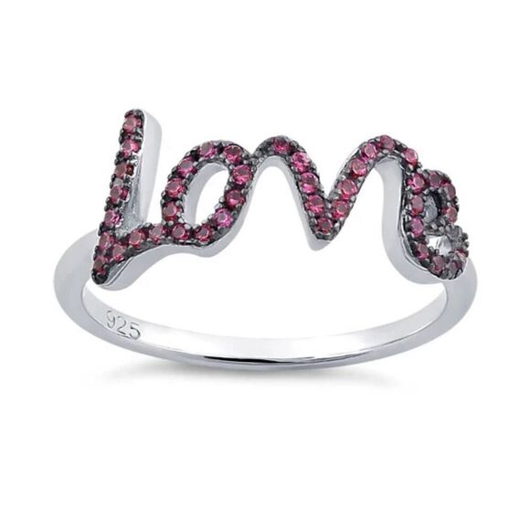 New Sterling Silver Love Script Ruby CZ Ring - Picture 2 of 4